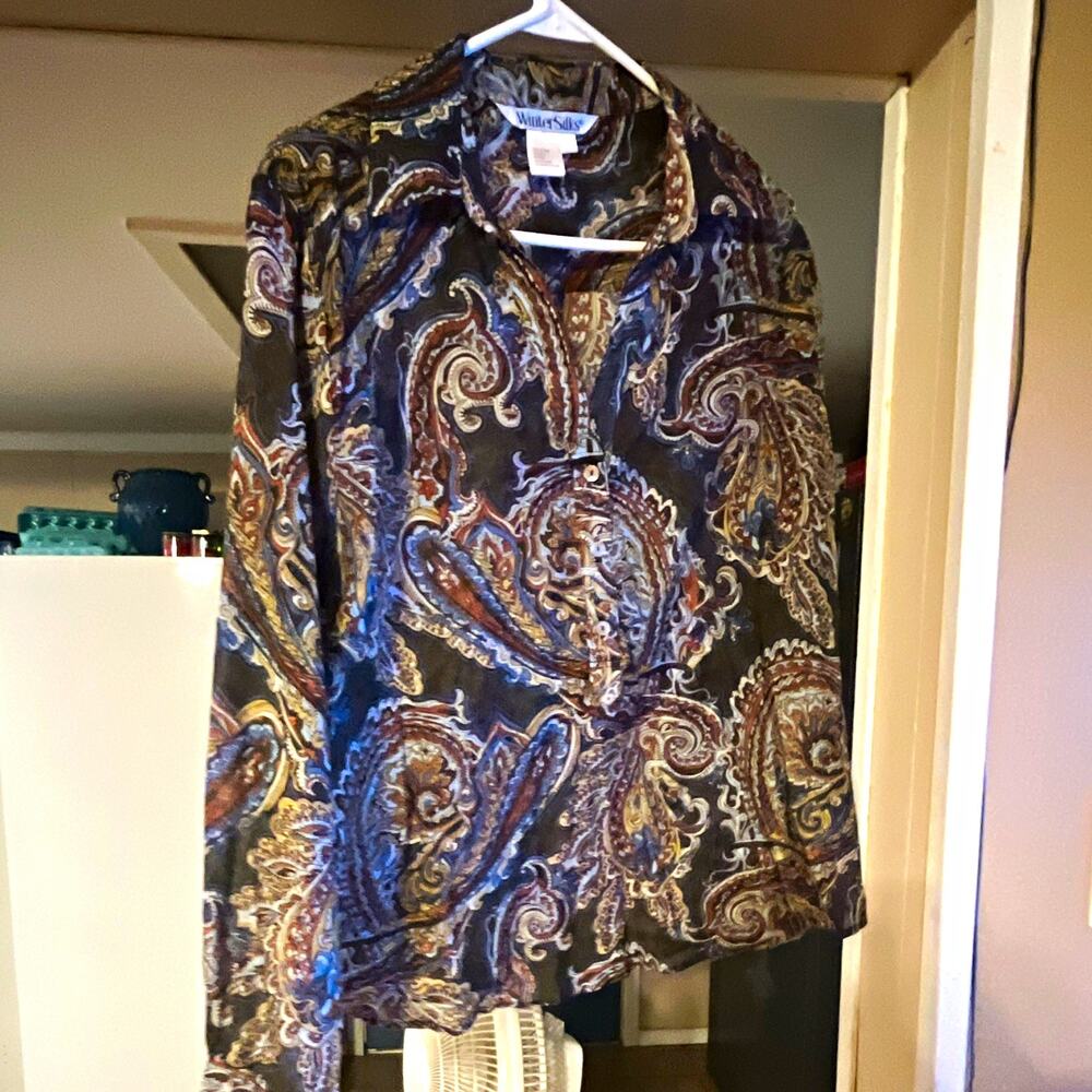 WinterSilks Womens L Blouse Multicolor Paisley Long Sleeve Collared Pearl Button